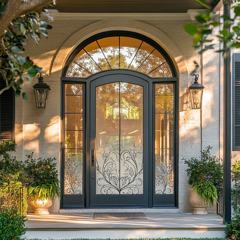 Double entry doors with patterned glass panels | Nansemond River Roofing & Siding